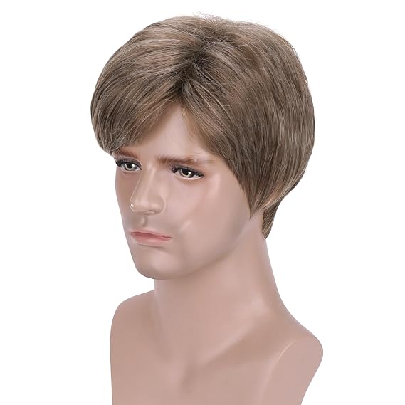 BERON Men Wigs Short Straight Heat Resistant Synthetic Wig Come with Wig Cap (Mixed Ash Blonde)
