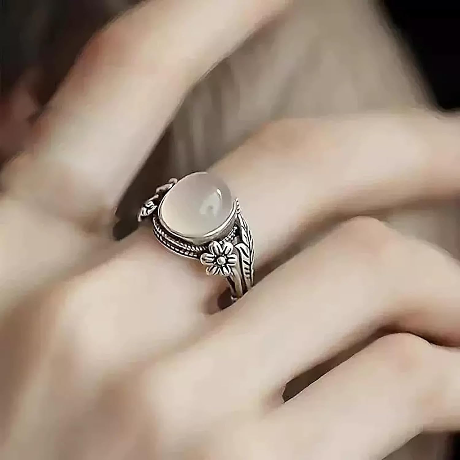 Oval White Jade Statement Rings for Women Vintage Thai Silver Opening Moonstone Flower Rings - Image 3