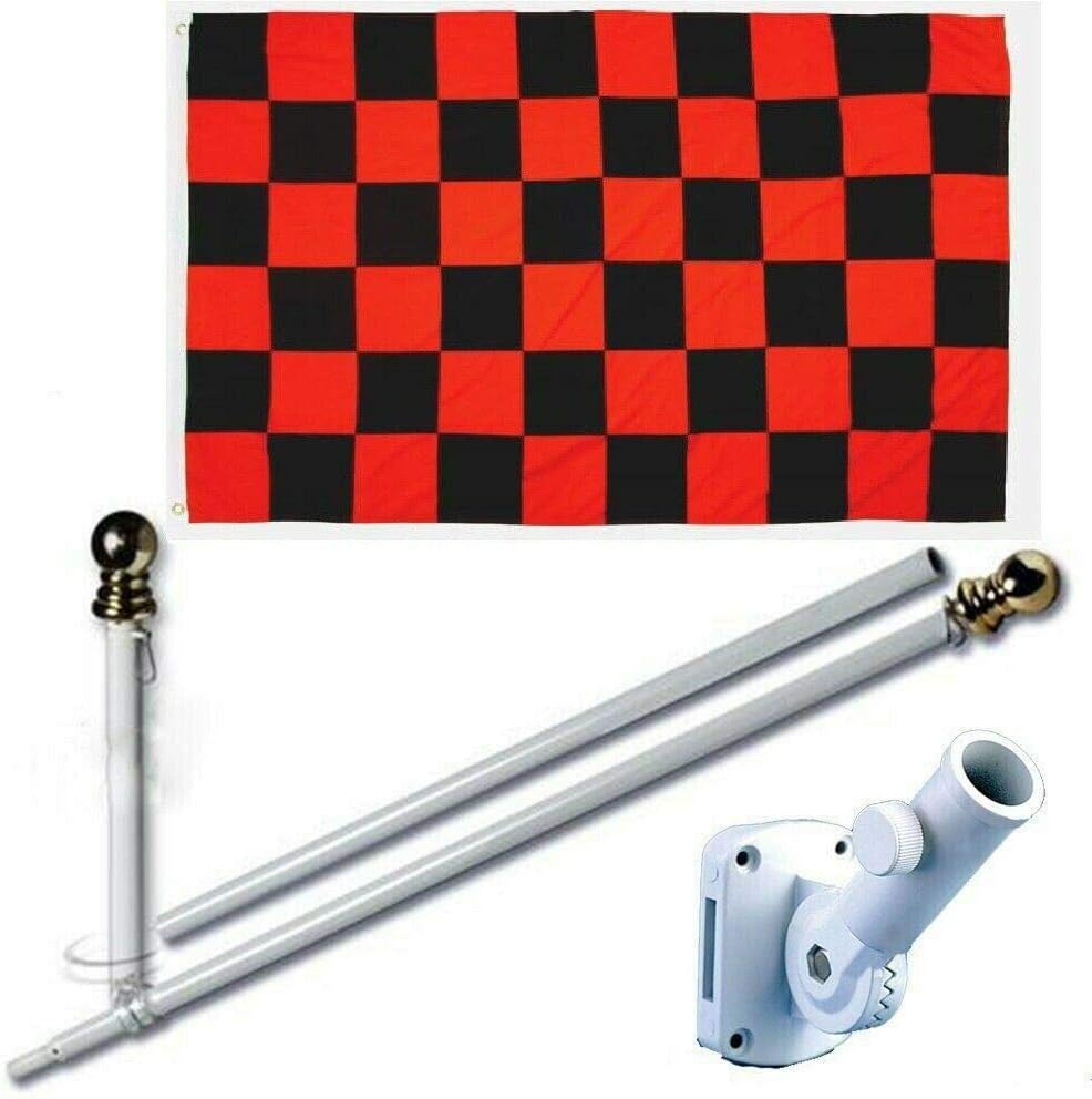 2'X3' American Home & Commercial 2x3 Ft Black & Red Checkered Flag Set Premium Printed Polyester w/Heavy Duty White Aluminum 6-Feet Spinning Tangle Free Flag Pole Bracket Residential & Commercial