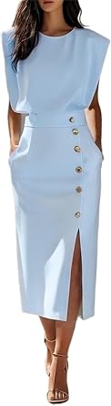 Womens Stylish Solid Color Button-Down Midi Sleveeless Dress with Slit Versatile for Work & Social Gatherings