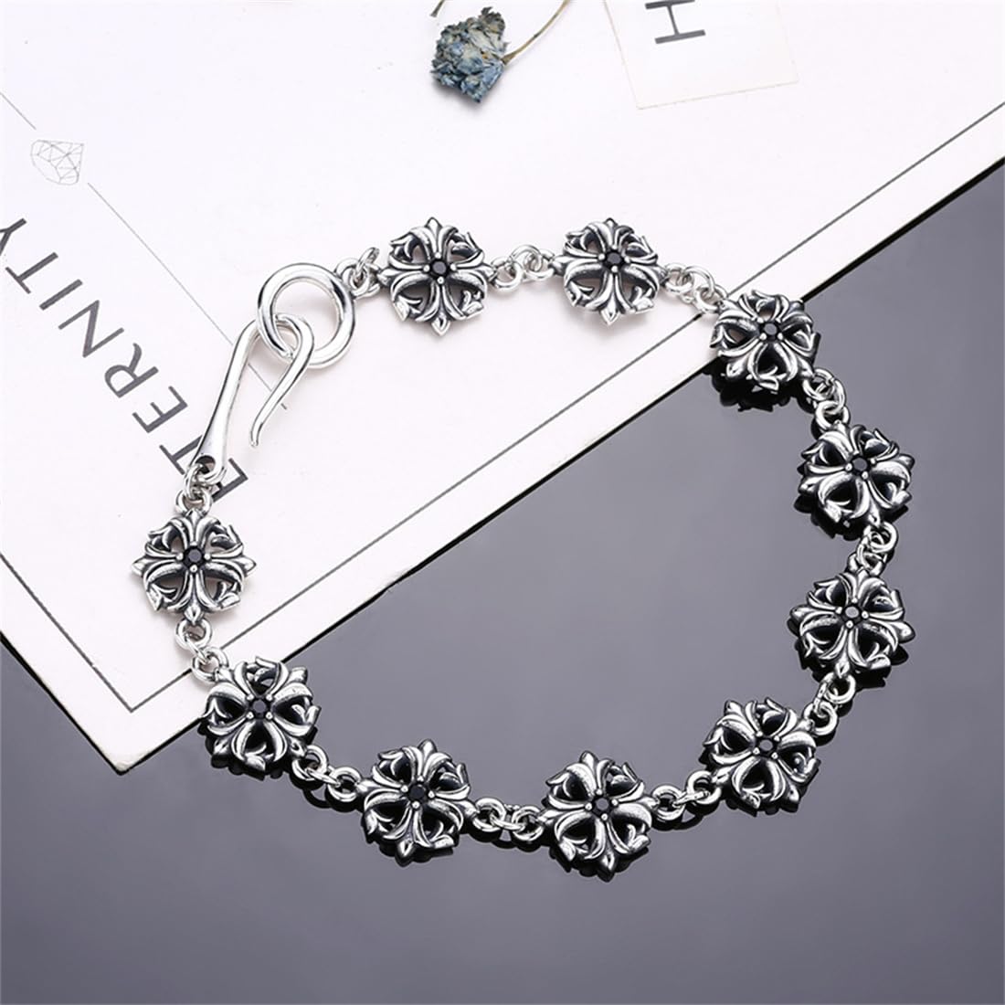LYGXWJFC Bracciale con Fiori crociati delicati in Argento Sterling S925, Braccialetto con Fiori crociati Vintage Personalizzato da Donna in Argento Sterling S925,Argento,19cm