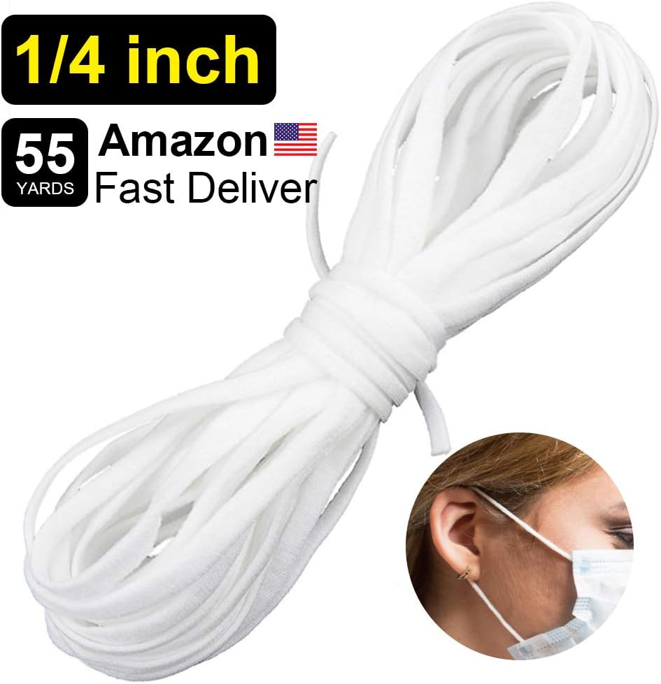 55 Yard 1/4-Inch Earloop Cord Elastic Strap, White Cord Stretchy Ear Tie Rope Handmade String for Sewing