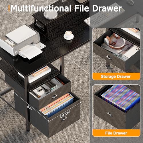 Image of Furologee 66 inch L Shaped Desk with Power Outlet, Reversible Computer Gaming Desk with File Drawer & 2 Monitor Stands for Home Office with Storage Shelves, Black