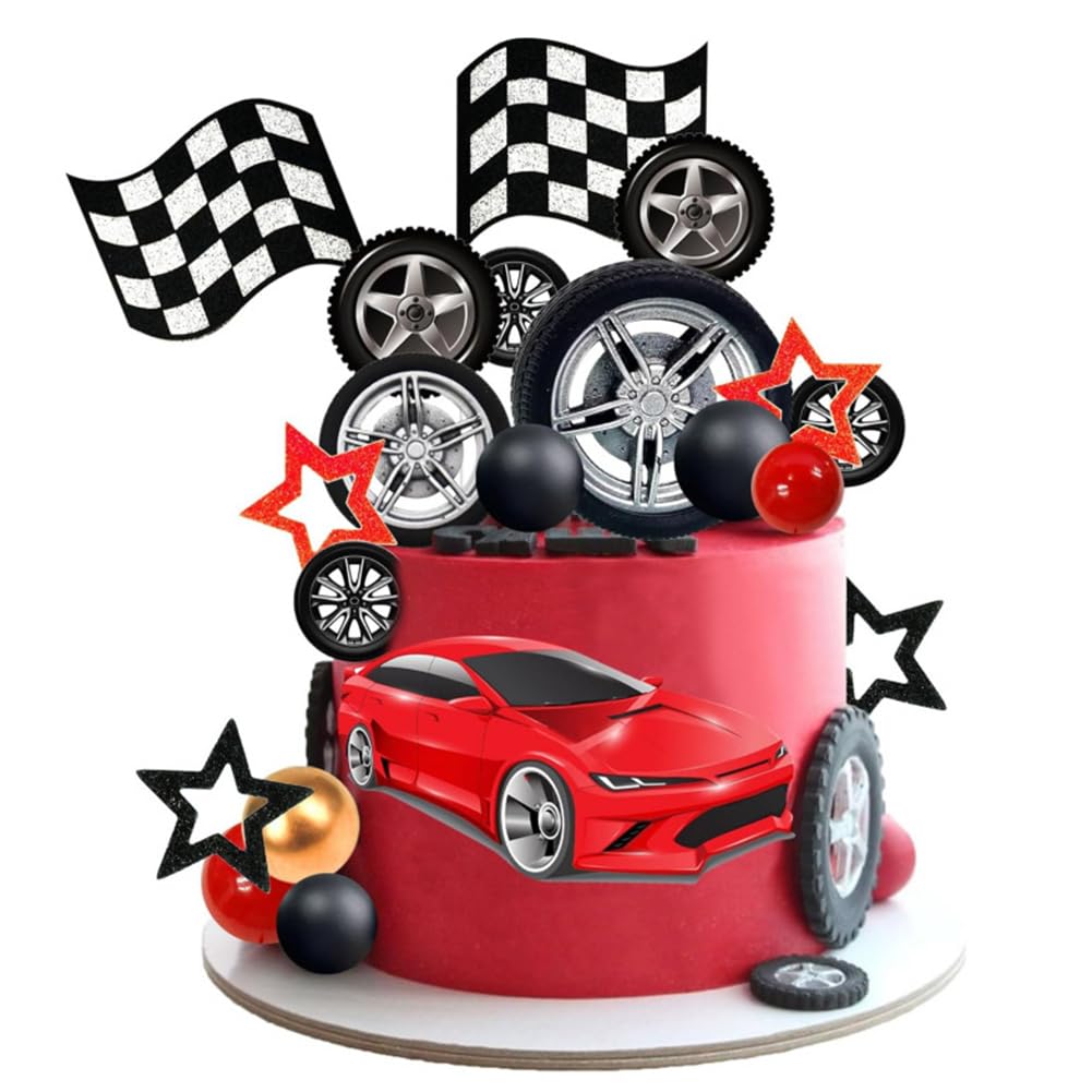 27Pcs Racing Birthday Cake Topper, Car Party Ball Cake Topper Grid Flag Tire Birthday Cake Decoration Party Racing Theme Decoration Supplies Red