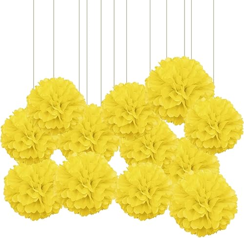 XIKSXITN 12 pompones de papel de seda amarillos para colgar, bolas de flores de papel para decoración de fiestas (10 y 12 pulgadas)