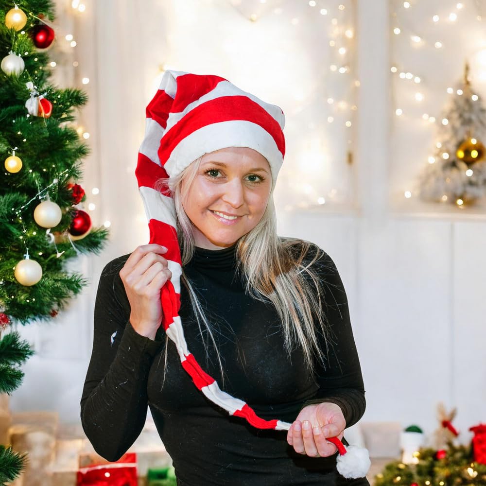 Ciffre 5 er Set Lange Weihnachtsmütze Nikolausmütze Weiß Rot Gestreift Plüsch Rand Nikolaus Mütze X24