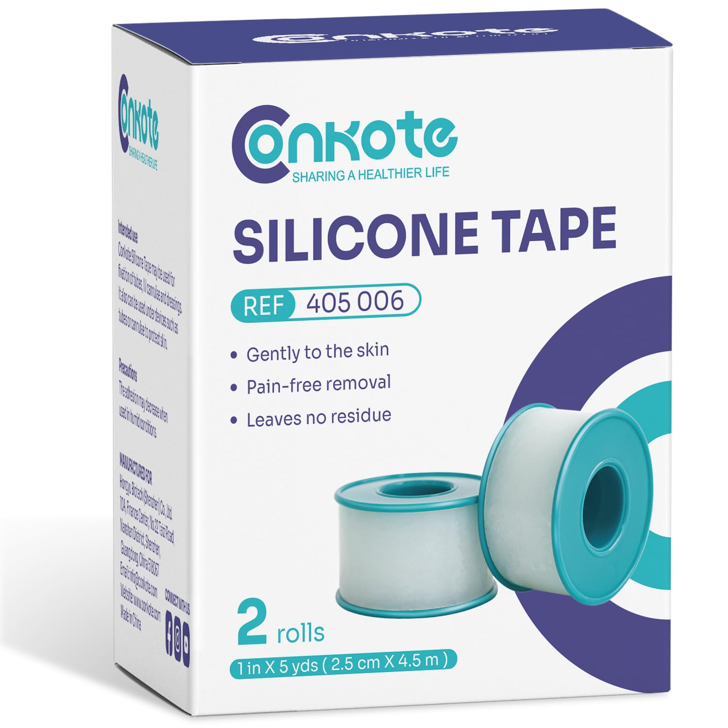 Conkote Pain-Free Removal Silicone Tape 1" x 5 Yards, Strong Adhesion and Hypoallergenic, Good for Sensitive Skin, 2 Rolls