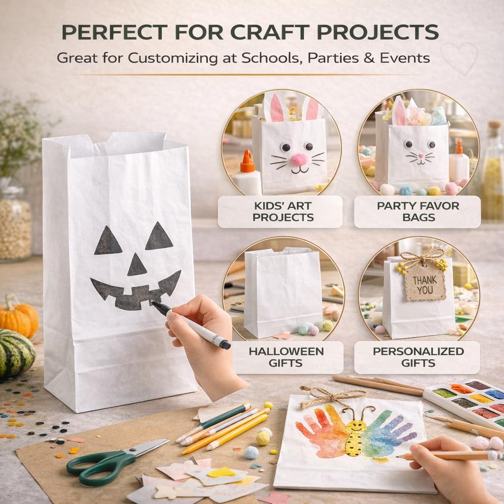 Perfect Stix 4lb Kraft White Paper Bags -5" W x 9 3/4" H w/ 3 1/8" Gusset. Pack of 100ct (Kraft White Bag 4-100)