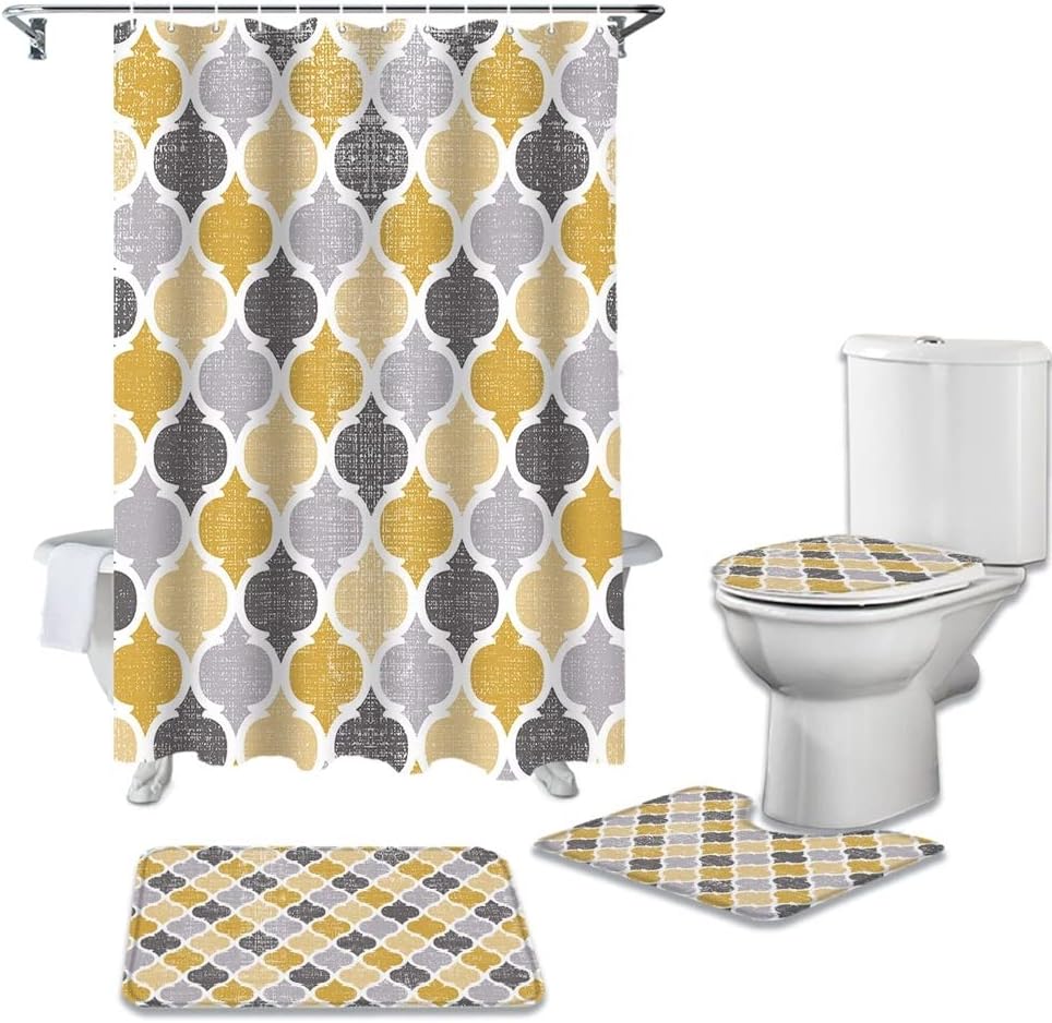 Bathroom Shower Curtain Bath Rug Set Toilet Lid Cover Floor Mats Accessories