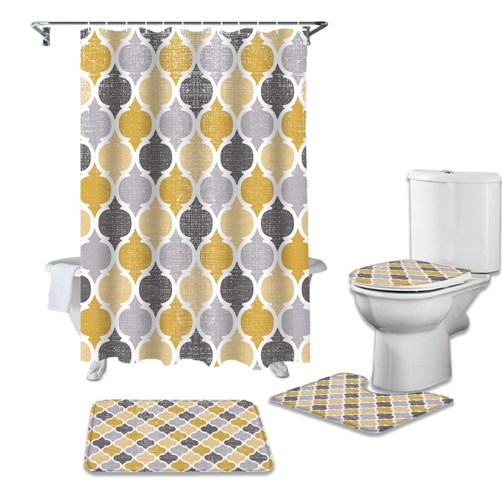 MOBYGKFY Bathroom Shower Curtain Bath Rug Set Toilet Lid Cover Floor Mats Accessories