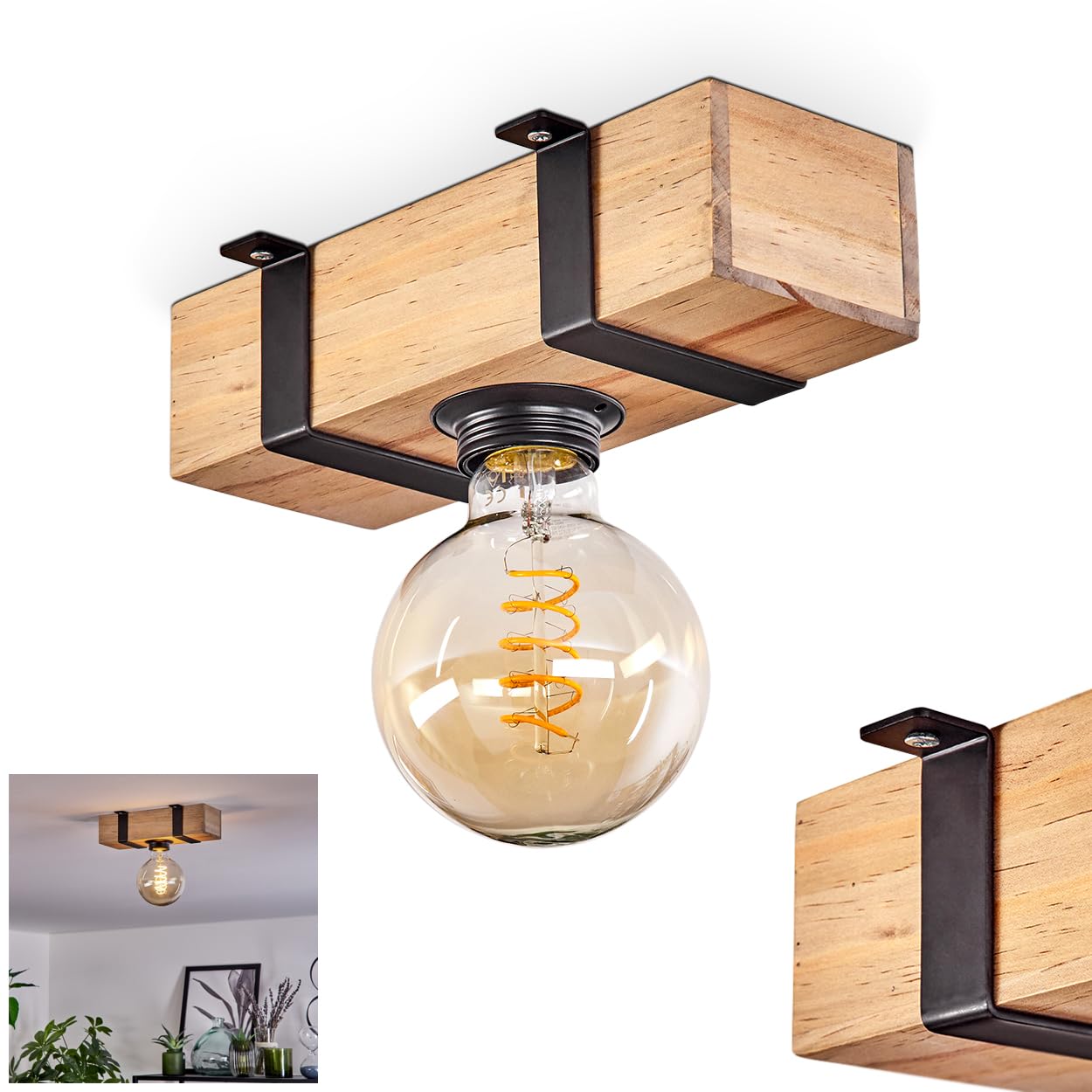 Montgomery Ceiling Light, Ceiling lamp Made of Metal/Wood in Black/Natural, Scandinavian Design luminaire with Wooden Beam, 1 x E27 Socket, Without Bulb