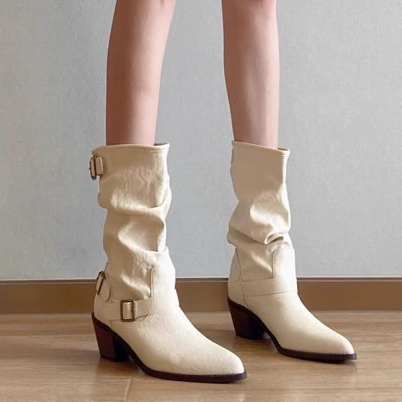 Stivali da cowboy da donna in pelle, con tacco, stivali western, con fibbia, a mezza gamba, in pelle, con tacco a blocco, a mezza altezza