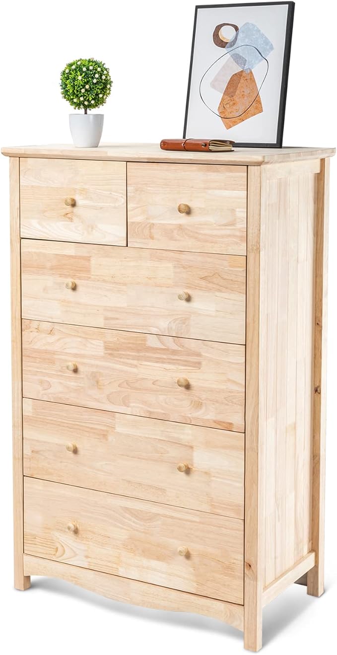 VINGLI Unfinished Natural Solid Wood 6 Drawer Dresser for