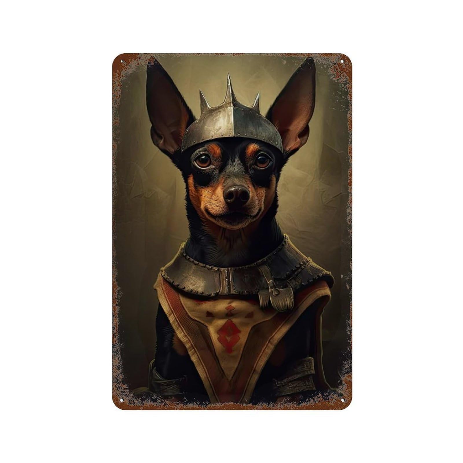 Aged Metal Wall Plaque with Miniature Pinscher Viking Design 11.8"x7.9", for Garage, Bar And Workshop Decor, Rustic Home Decor