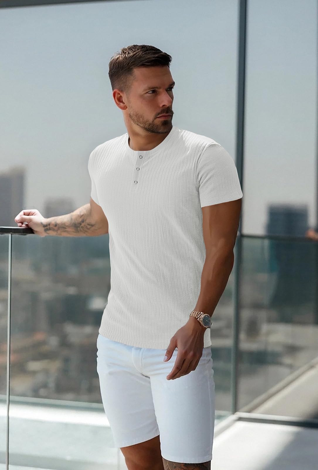 Muscle Cmdr T-Shirt Homme, Coton À Manches Courtes/Longues Henley, Casual Henley Hauts pour Fitness Tee Shirt, Noir Ou Gris, Marron, Taille L