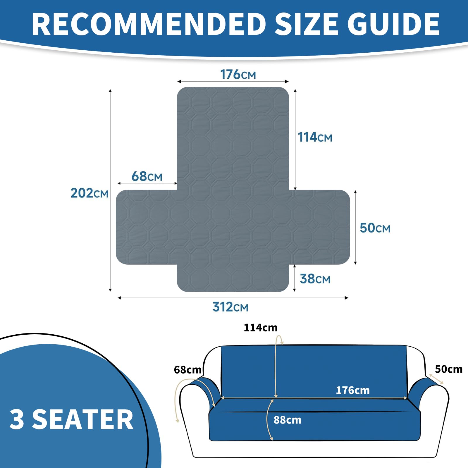 Ystyle Copridivano Impermeabile 3 Posti Con Braccioli, Copri Divano Antigraffio Gatto Con Tasche Laterali, Sofa Cover Antiscivolo, Universale Copridivani Mobili Protector, Blu Grigio