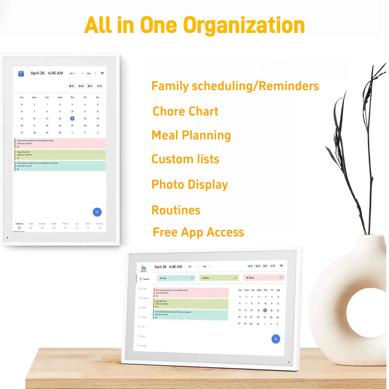 Intelligenter digitaler Kalender und Aufgabendiagramm, 1920 x 1080 Touchscreen – 64 GB WLAN, Multi-Kalender-Synchronisation, Familien-Mahlzeitenplaner und Kunstgalerie-Modus, Wand