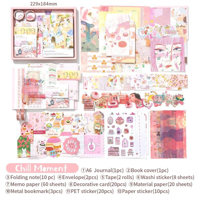 Image of MGNLR Vintage Aesthetic Scrapbook Kit(346Pcs) Scrapbooking Supplies Kit with Bullet Junk Journal,Stationery,A6 Grid Notebook Journaling Gift for Girl (Chill Moment)
