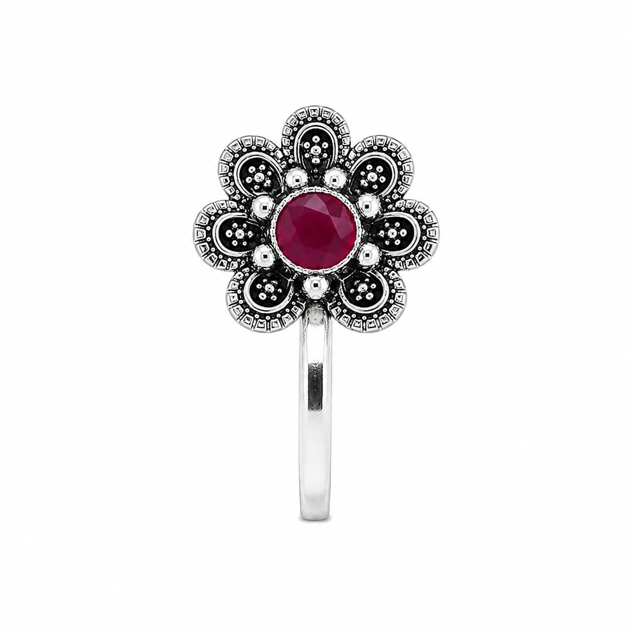Jewellery Elegant Oxidised Silver Finishing Pink Stone Stud Flower Shape Nose Pin | Ring | Without Piercing | Adjustable | Nose Ring | Nathiya | Nathani | For Women & Girls-image-47