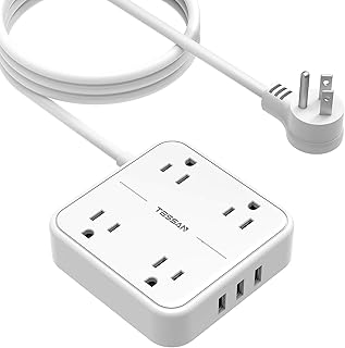 Flat Extension Cord 10 FT, TESSAN Surge Protector Power Strip 10 Feet with 4 Outlets 3 USB Ports, Wall Mountable Charging Station, Long Power Cord for Indoor, Office, Dorm Essentials, White