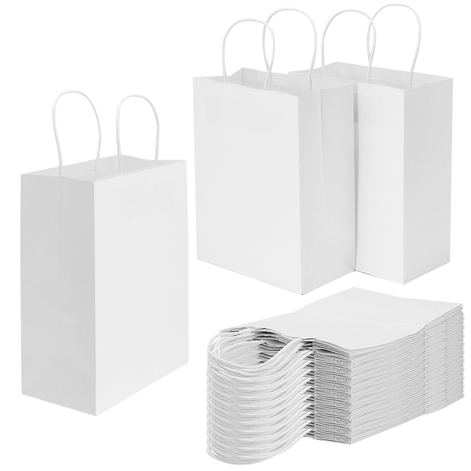 LEXININ Lot de 100 sacs cadeaux en papier blanc de taille moyenne avec poignées torsadées, 21 x 11 x 27 cm, sacs de transport en papier blanc pour courses, vente au détail