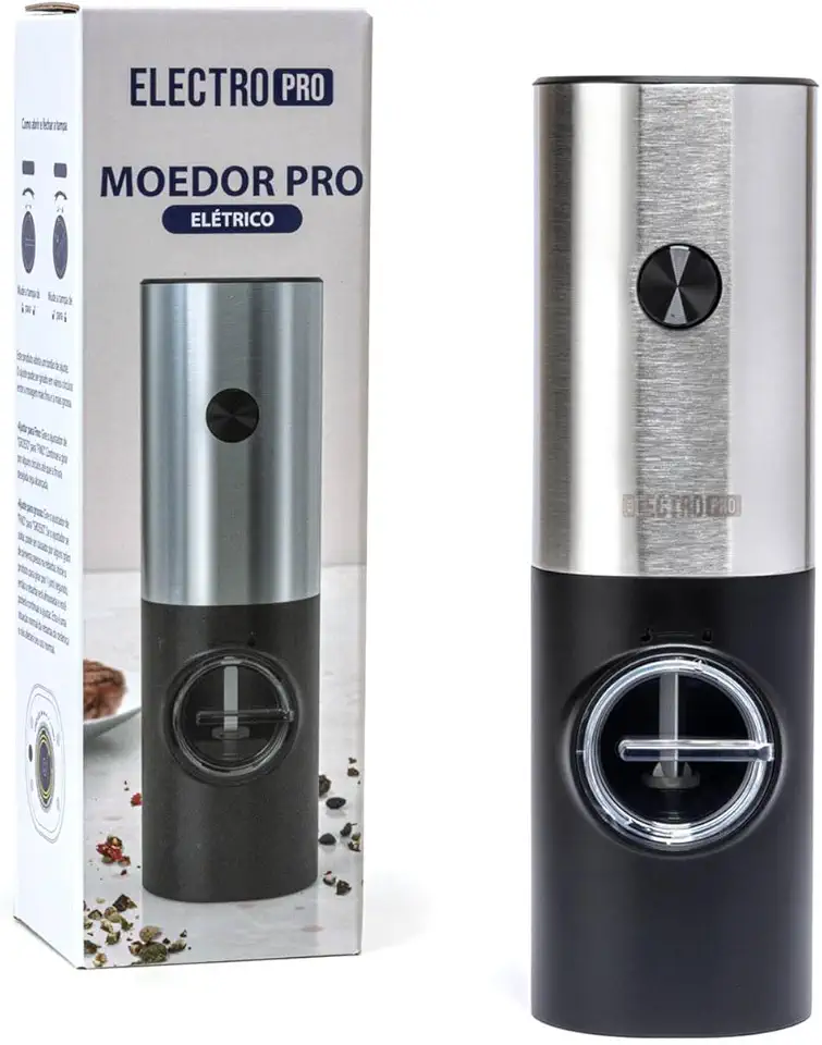 Moedor Elétrico de Temperos Sal e Pimenta em Aço Inox a Pilha com Iluminação LED Portátil