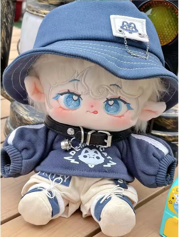 niannyyhouse 20cm Plush Doll Clothes Hat Long Sleeve T-Shirt Pants Glasses Necklace Shoes Blue Demon Outfit 8in Doll Accessories