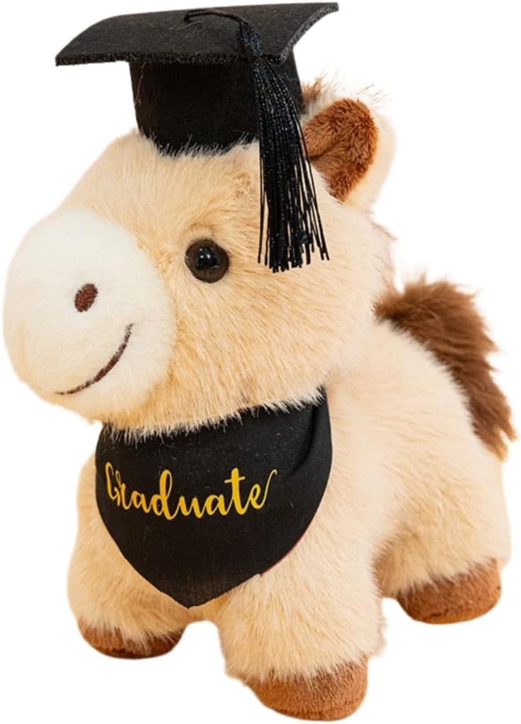 2026 Graduation Horse Plush Mascot Ornament with Doctoral Cap & Bandana, Scholarly Success Pony Animal Statue, Congrats Graduate Gift (Khaki)