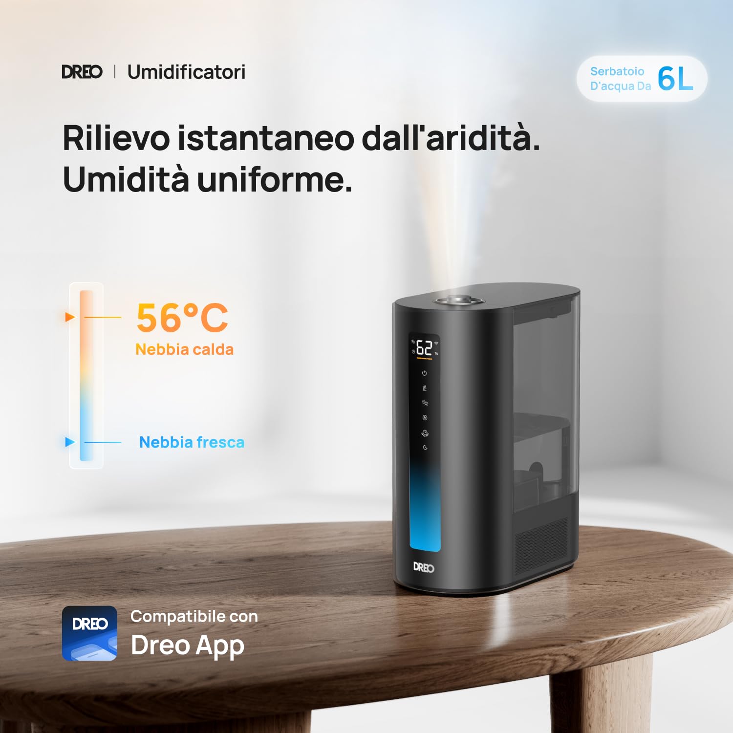 DREO 6L umidificatore per camera da letto, intelligente per grandi ambienti, bruma calda/fredda, per piante e bambini, riempimento superiore, 60 ore autonomia, silenzioso, timer, Google/Alexa, HM713S