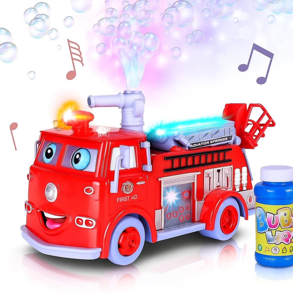 ArtCreativity Fire Truck Toy Bubble Machine for Kids, Bubble Blower Toy Truck for Toddlers with Lights, Siren Effects, Bubble Solution & Funnel, Kids Toys, Gift for Boys and Girls 3-5+ Years Old