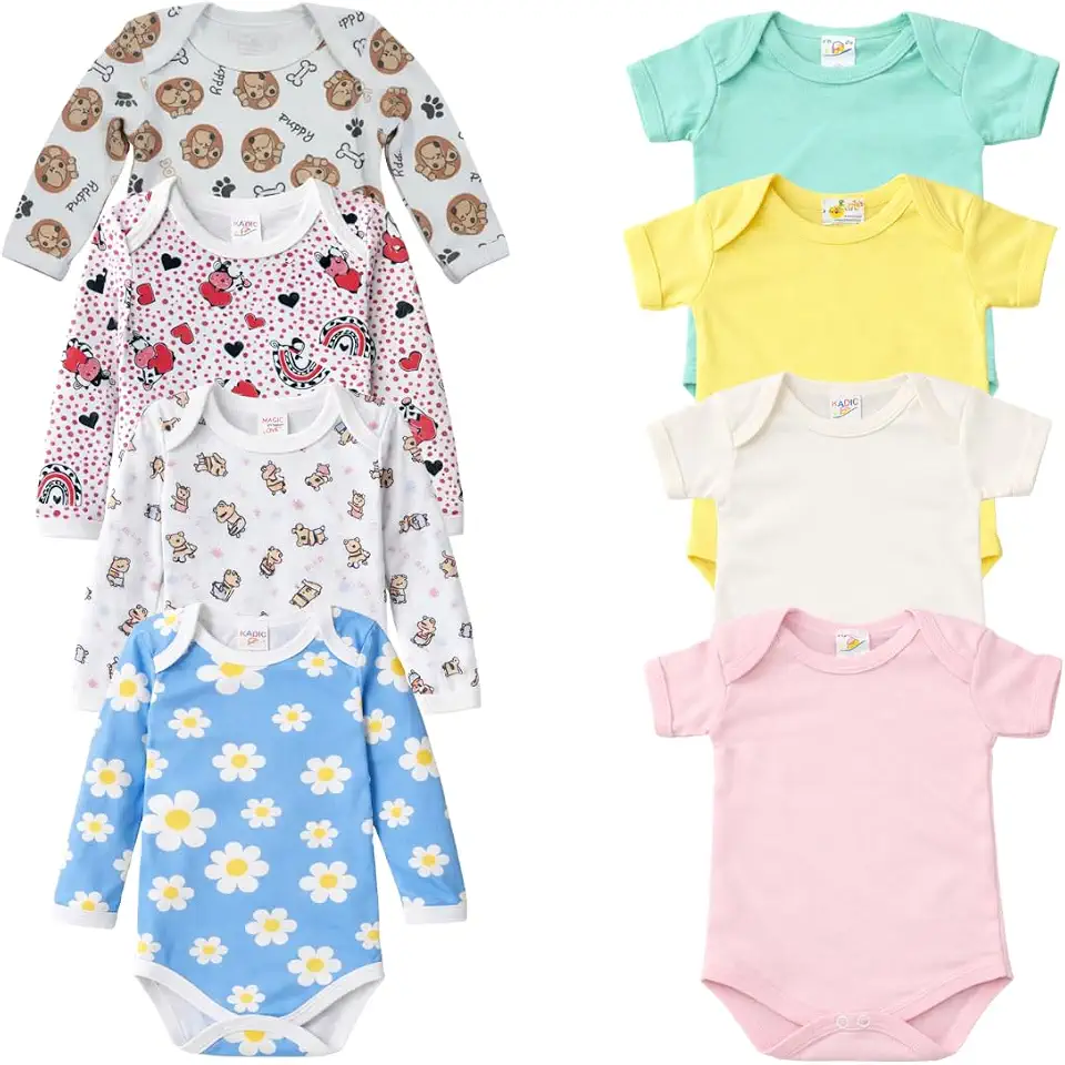 Kit 4 Body Bebê Menina Algodão Manga Longa Estampado E Manga Curta Liso Cores Sortidas Confortável