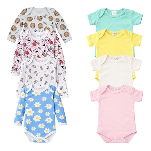 Kit 4 Body Bebê Menina Algodão Manga Longa Estampado E Manga Curta Liso Cores Sortidas Confortável