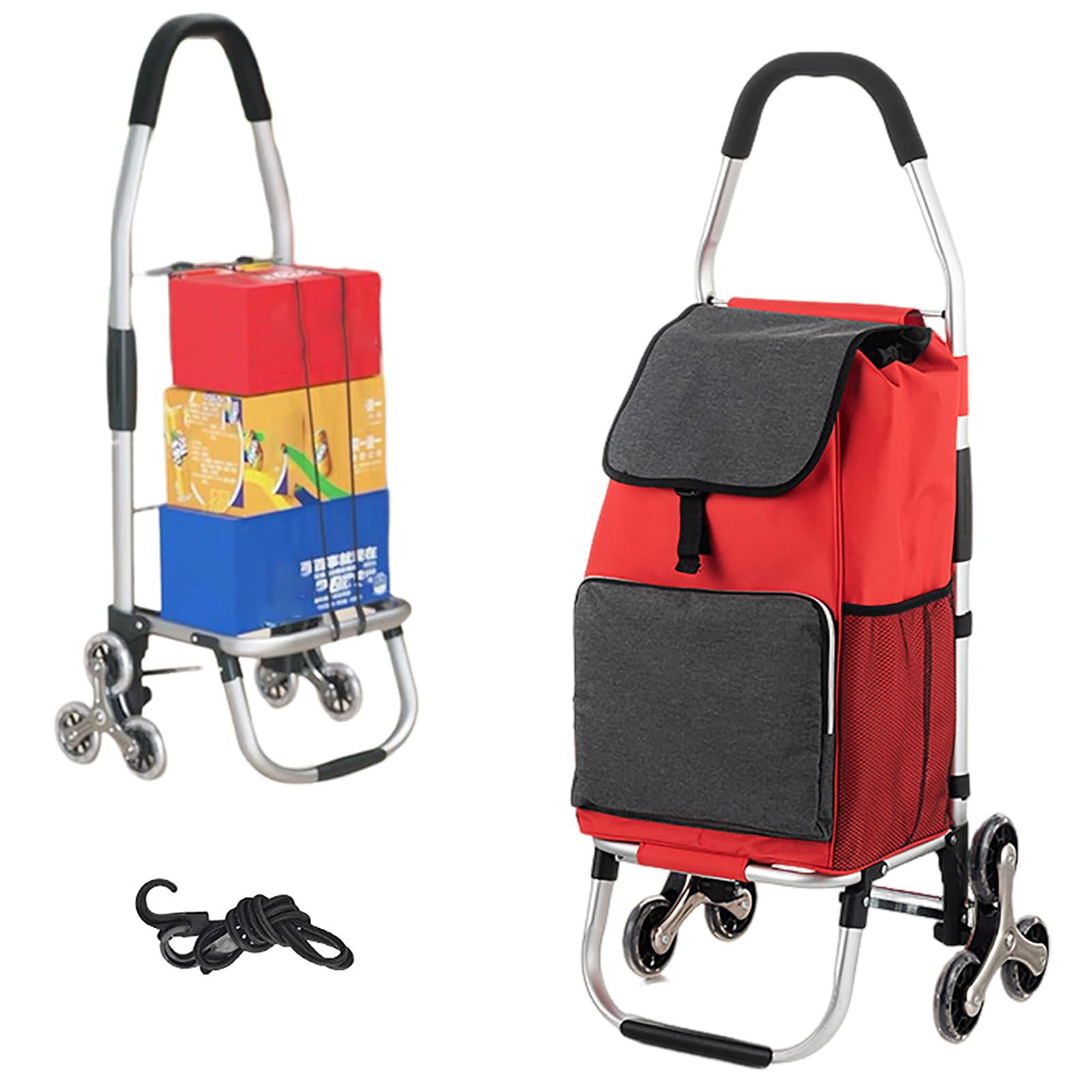 2in1 Einkaufstrolley Treppensteiger, Trolley groß 40 Liter, Einkaufswagen, Einkaufstasche mit Rollen, Klappbar, Tasche Abnehmbar, Einkaufsroller, Handwage (Red)