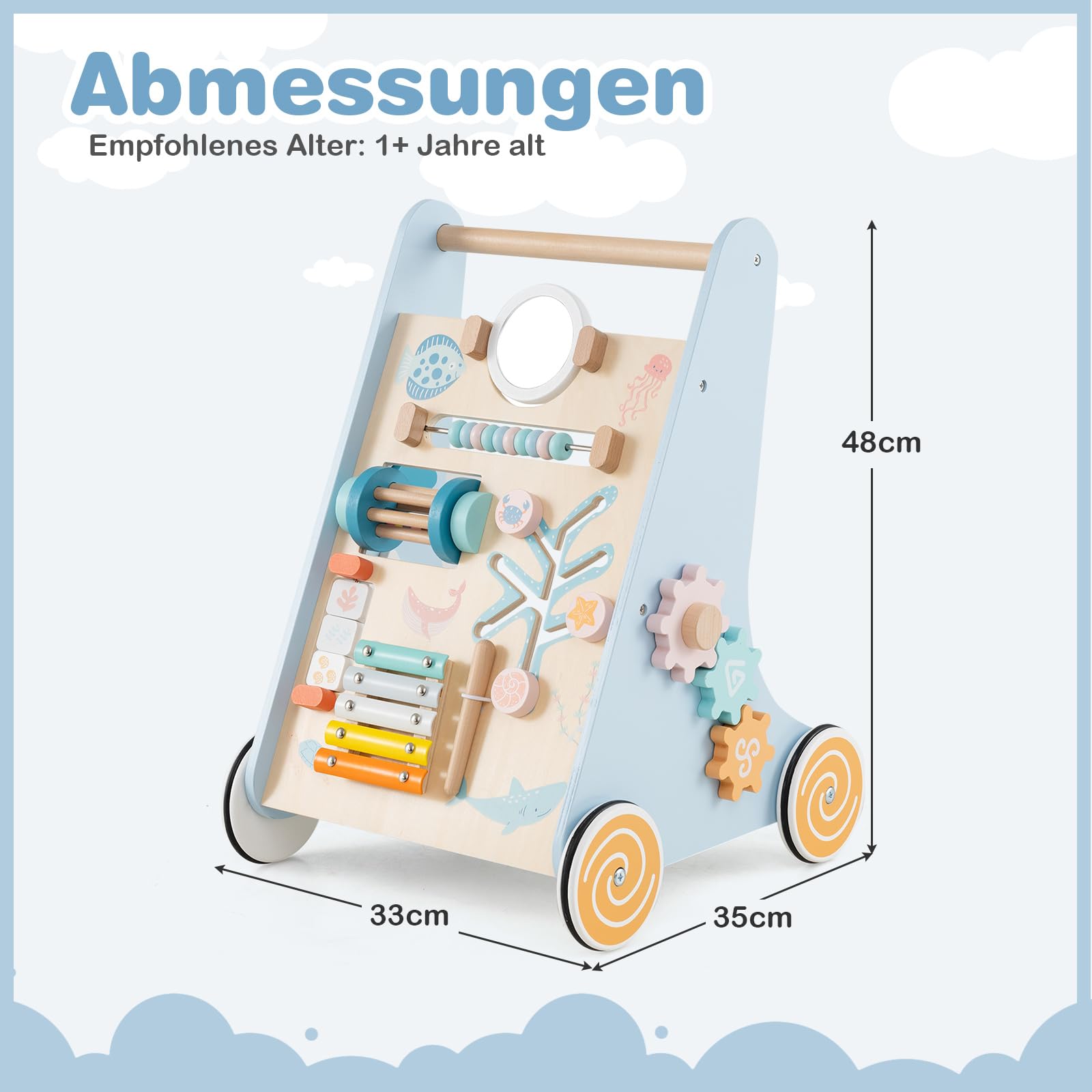 DREAMADE Lauflernwagen Holz, multifunktionale Lauflernhilfe mit Montessori Spielzeug, Schiebe- und Zieh-Lernaktivitätszentrum mit Rädern, Baby Walker für Jungen und Mädchen