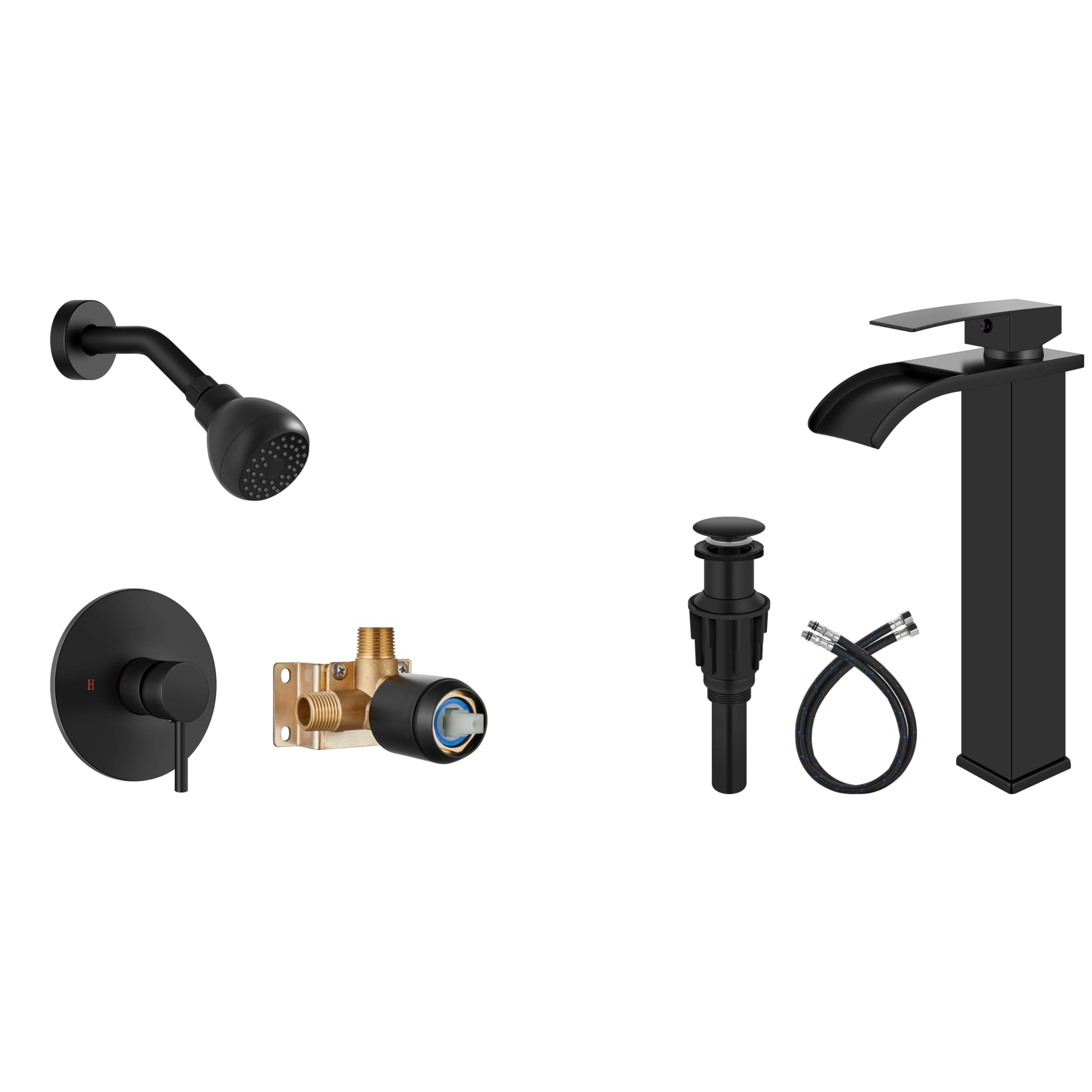 Hcfyauis Men's Black Shower Faucet And Head Set Vessel Sink Faucet Waterfall