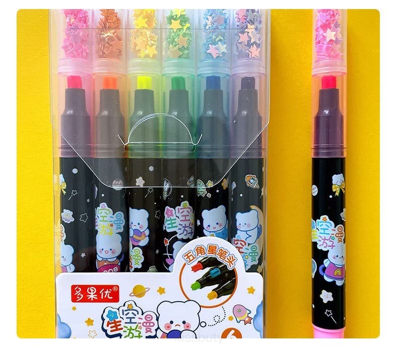 Image of Crackles 6 Piece Star Themed Highlighter color marker pens for office and school kids boys and girls- pack of 1