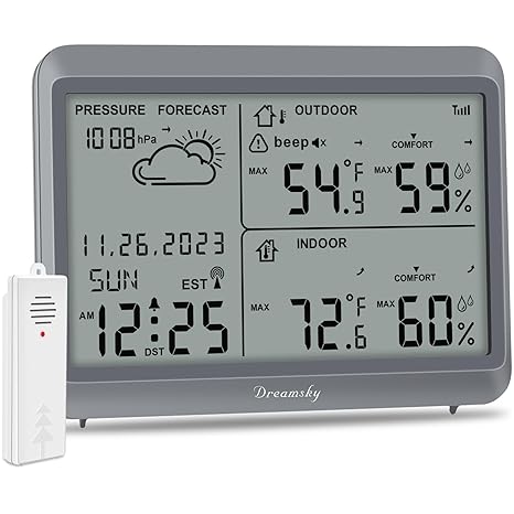 DreamSky Weather Station Indoor Outdoor Thermometer Wireless - Atomic Clock with Indoor/Outdoor Temp, Date & Day, Battery Powered, Home Weather Forecast Clock with Inside Outside Temperature Humidity
