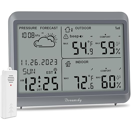 DreamSky Weather Station Indoor Outdoor Thermometer Wireless - Atomic Clock with Indoor/Outdoor Temp, Date & Day, Battery Powered, Home Weather Forecast Clock with Inside Outside Temperature Humidity