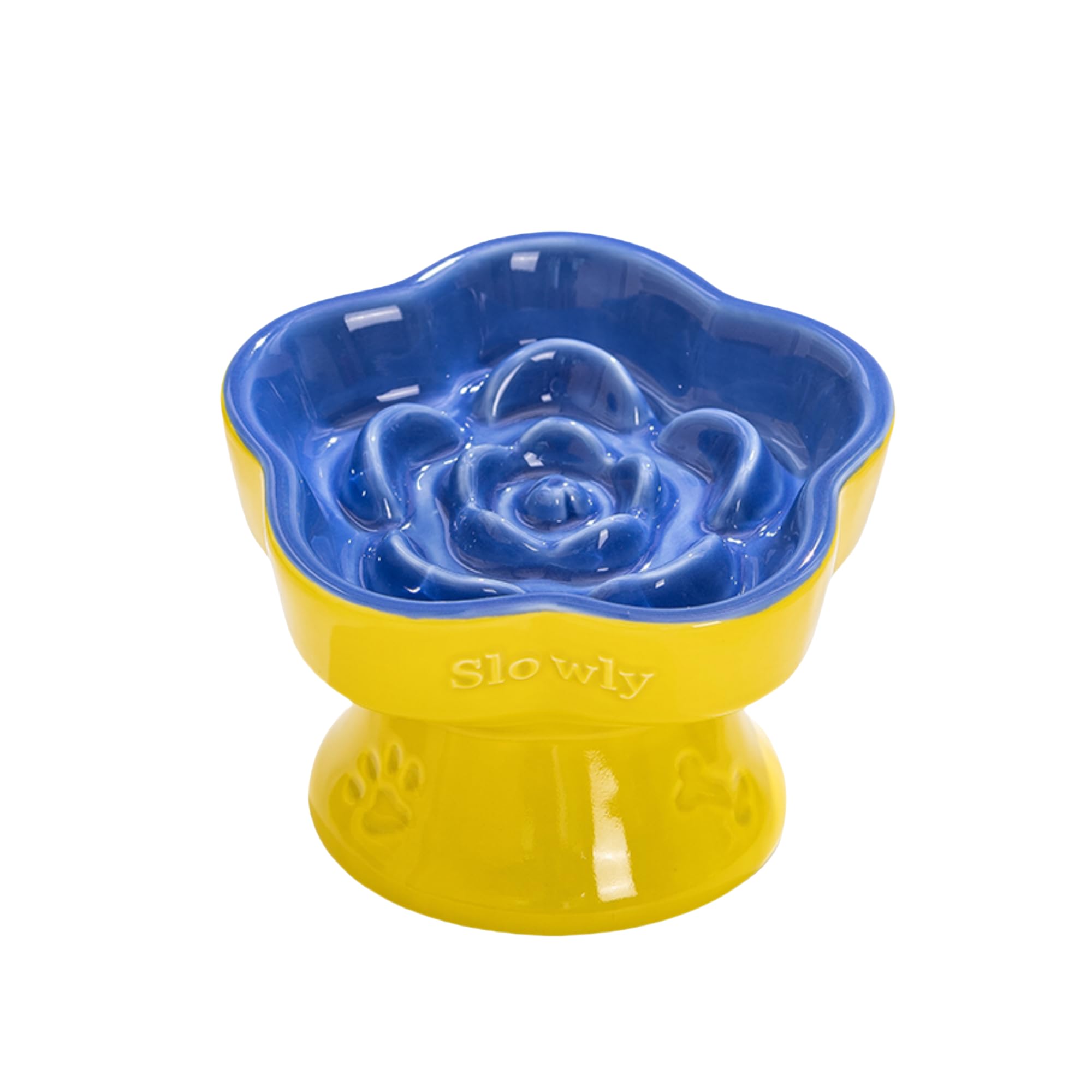 Aquainno Ceramic Raised Slow Feeder Cat Bowl, Elevated Tilted Anti-Vomiting Pet Bowl for Cats & Small Dogs - Cute Flower Design, Non-Slip Base, Shallow Wide Dish for Dry/Wet Food (Blue, 5.8 Inch)