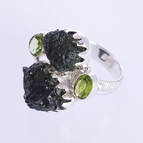 Miniatura 6 de Anillo de plata de ley 925 con piedras preciosas de moldavita y peridoto