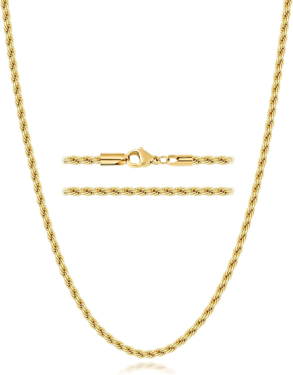 Fiusem 3mm Rope Chain Necklace for Men, Silver Tone Mens Chain Necklace, Stainless Steel Necklace Chain for Men Women, Jewelry Gift