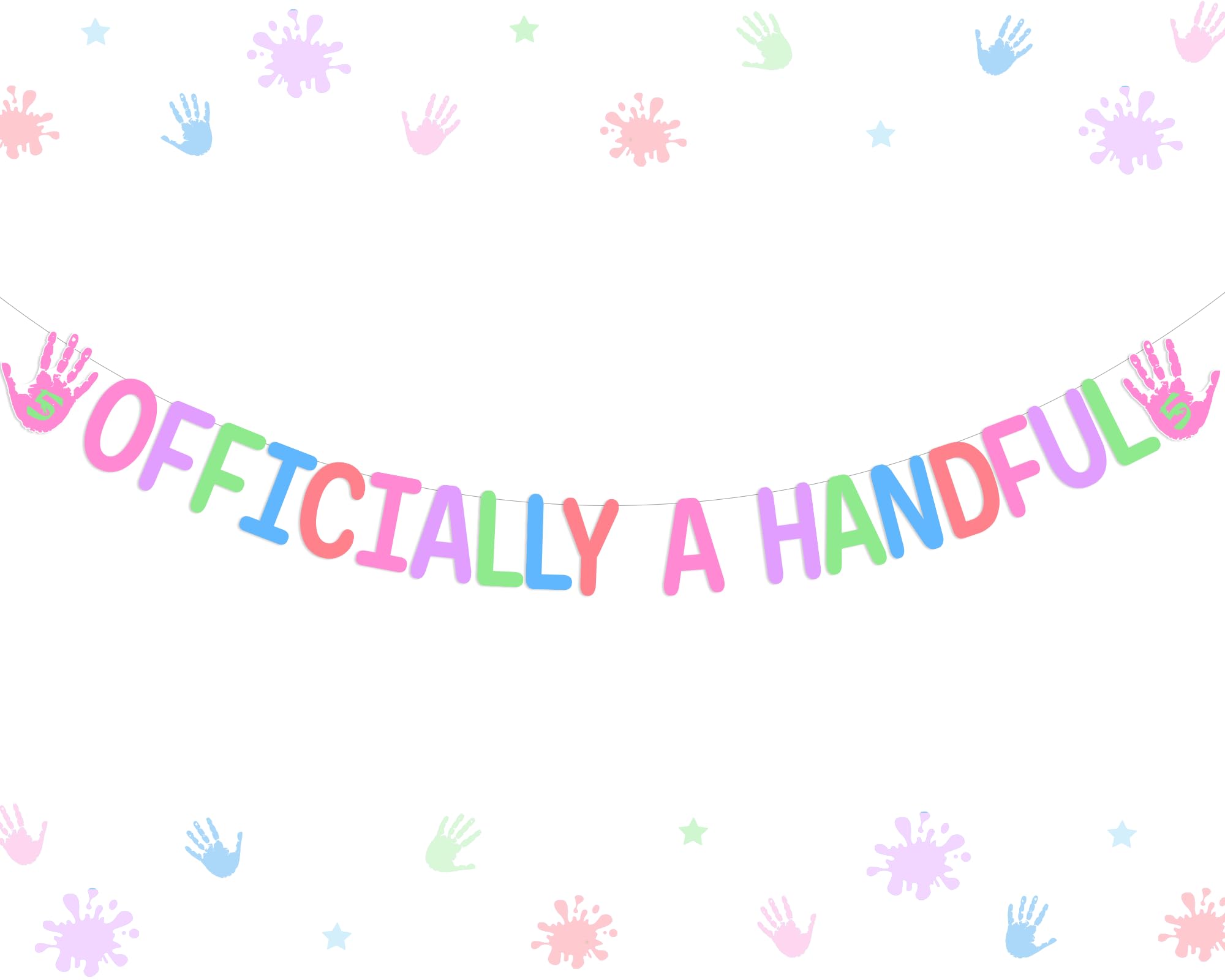 kreat4joy Hi Five Birthday Party Decoration Girl, Officially a Handful 5th Birthday Decoration Banner Handprint Pastel Pre-Strung Banner for Hi High Five 5th Birthday Party Decoration