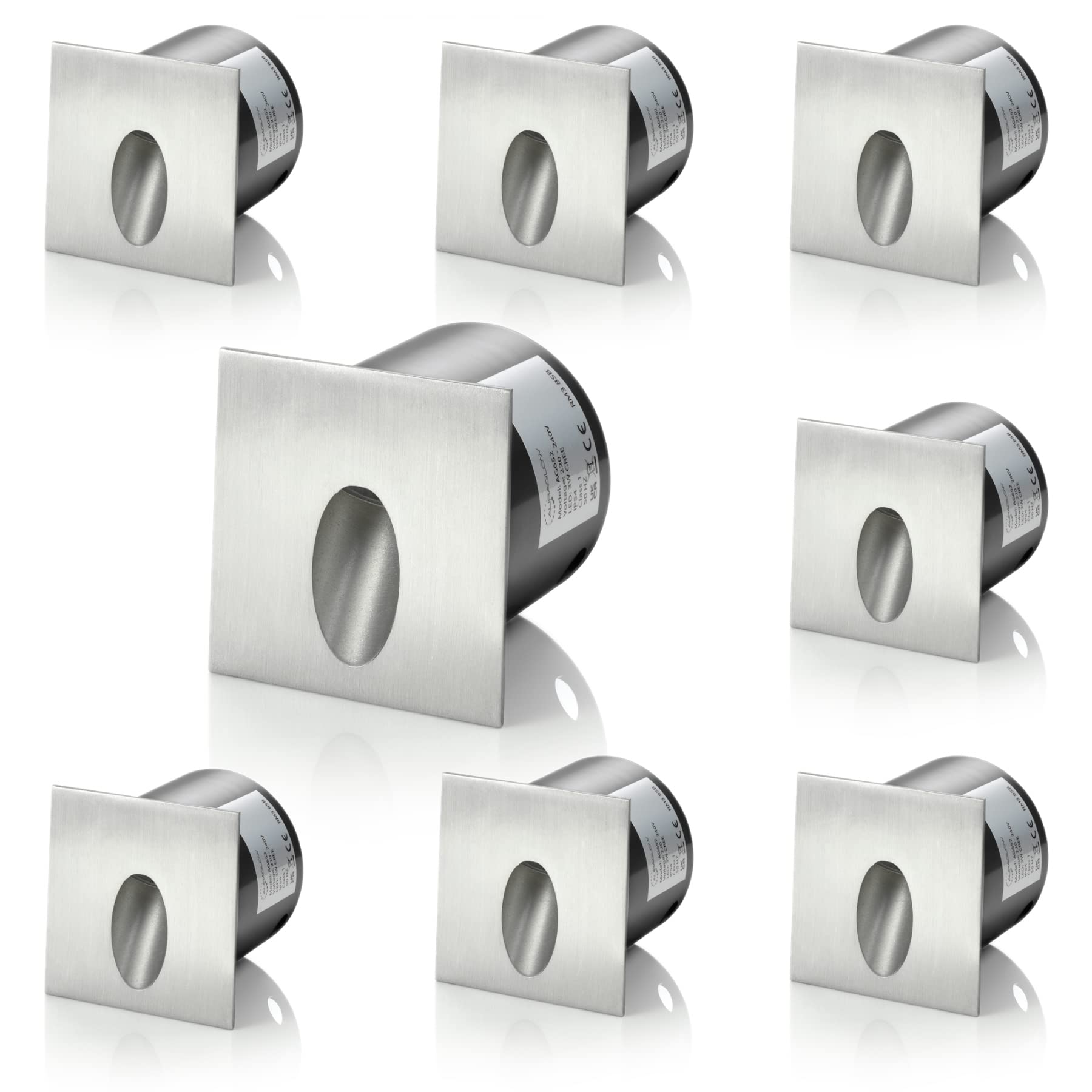 Auraglow Recessed Inset Integrated LED Wall Marker Light 3000K Warm White Indoor/Outdoor Use – Brushed Steel - Square - 8 Pack