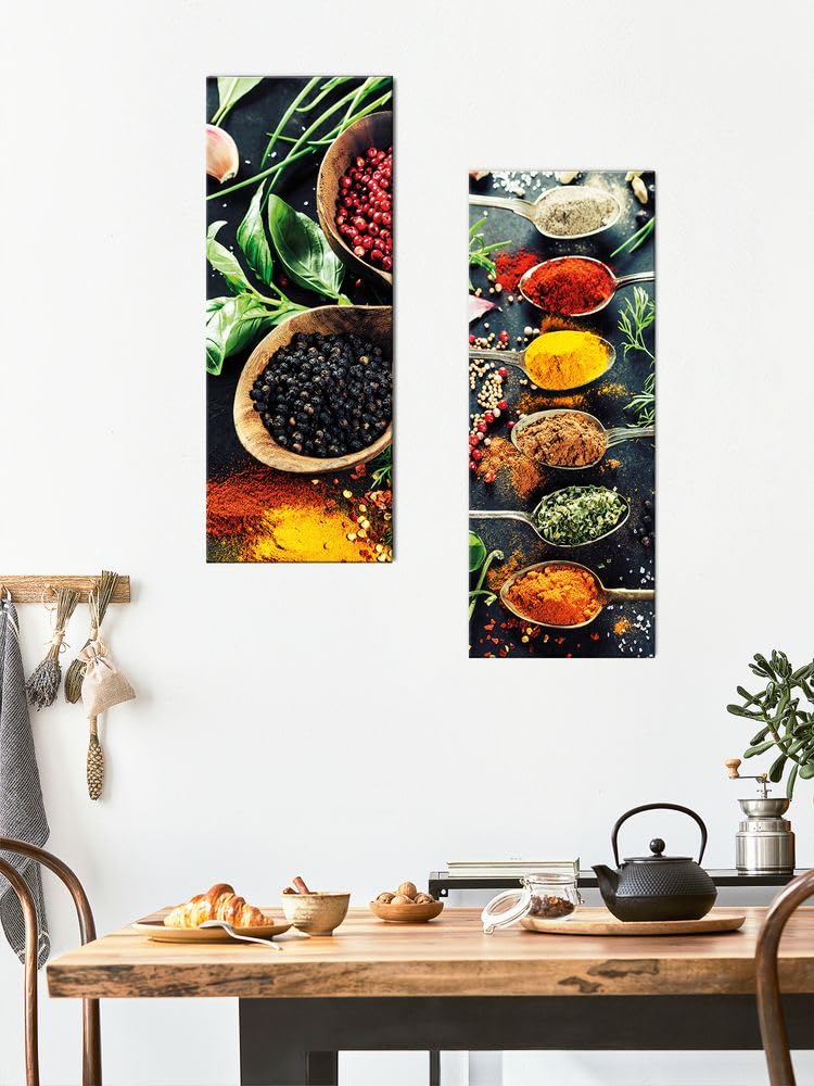 artissimo Glasbild Küche 80x30 cm Küchenbild: Gewürze AG1866A – Bild aus Glas, Wandbild Hochformat hochkant schmal, moderne Küchendeko schwarz