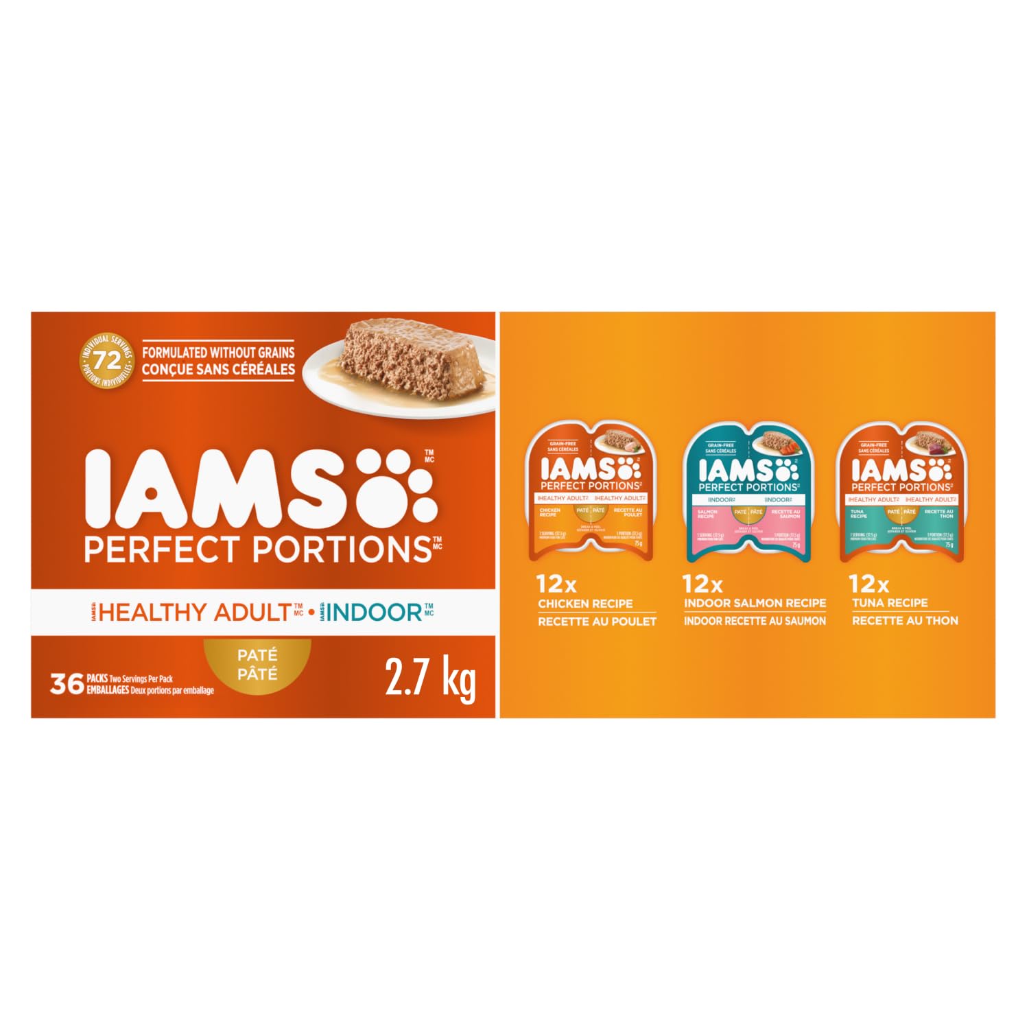 IAMS PERFECT PORTIONS Healthy Adult and Indoor Wet Cat Food Paté Chicken, Tuna and Indoor Salmon, (36) 75g Variety Pack image 6