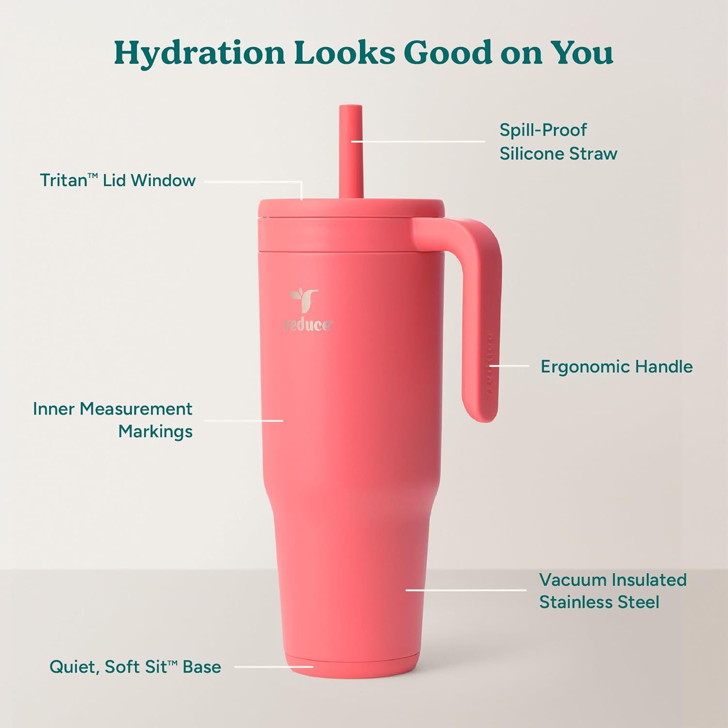 REDUCE Chiller Vacuum Insulated 40 oz Tumbler with Spill-Proof Silicone Straw - Sustainable Tritan Lid with Water Intake Markers - Soft Sit Base Travel Mug - Dishwasher Safe - Daquiri - Image 3