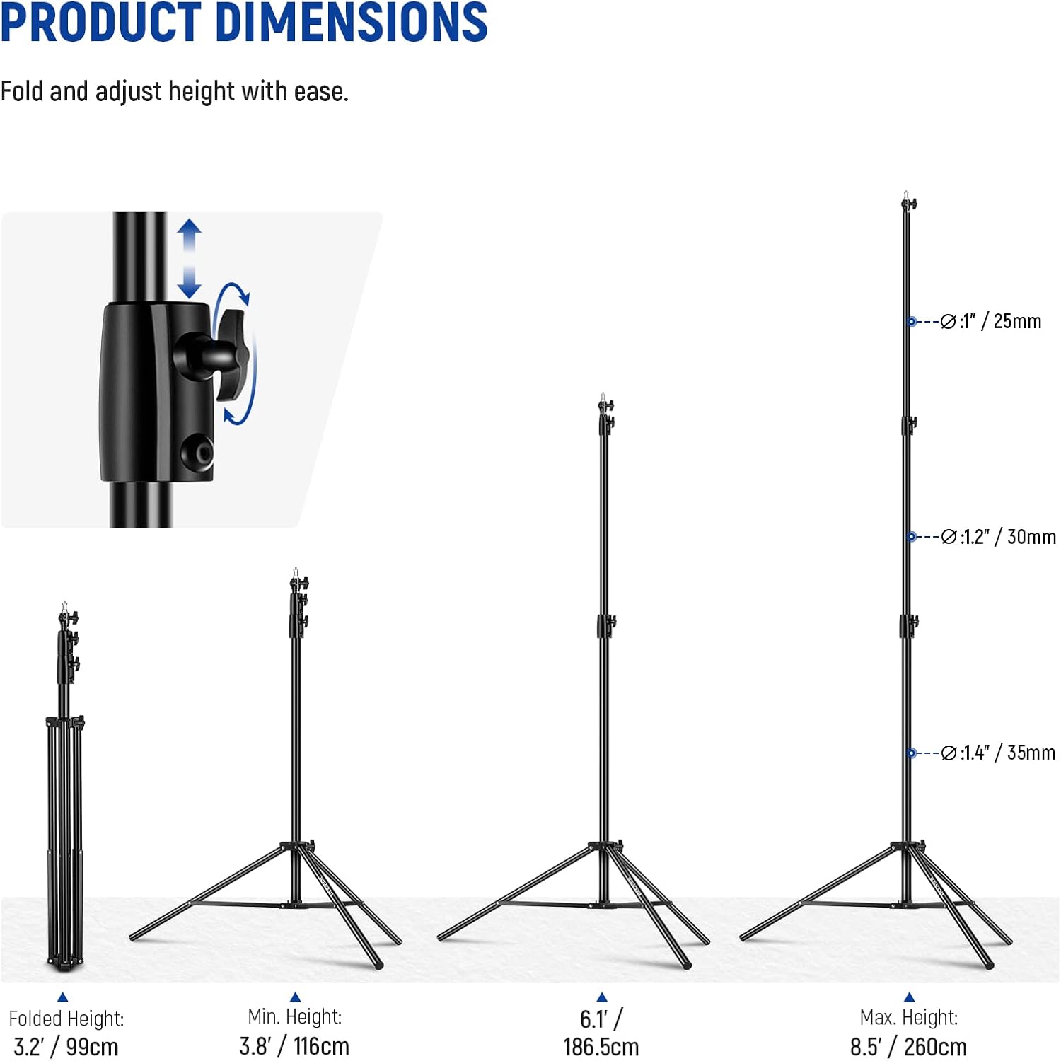 NEEWER 8.5ft/2.6m Air Cushioned Light Stand, Heavy Duty Metal Photography Tripod Stand with 1/4" to 3/8" Reversible Spigot, 3 Way Mounting Interface & Metal Locking Knobs, Max Load 5.5lb/2.5kg