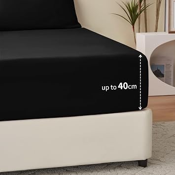 RUIKASI Double Fitted Sheet Deep - Black Bottom Sheet for Double Size Bed with 40cm 16 Inches Extra Deep Sided Pocket, Soft Microfiber Bedsheet Ultra Deep Fit with Mattress