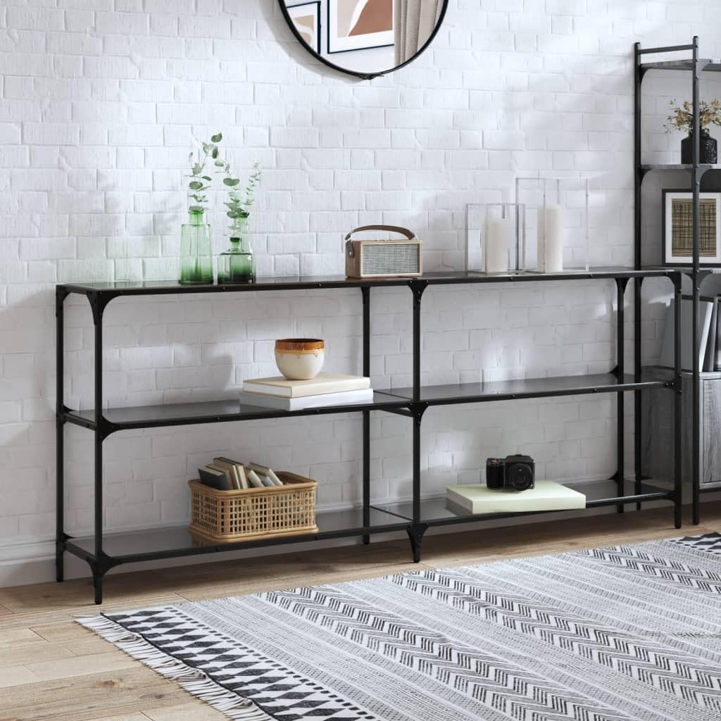 Konsolentisch Mit Glasplatte Schwarz 194,5x30x81 cm Stahl | Edelstahlgestell, Pflegeleicht, Schmutzabweisend, Modernes Design, Inklusive Wandhalterung
