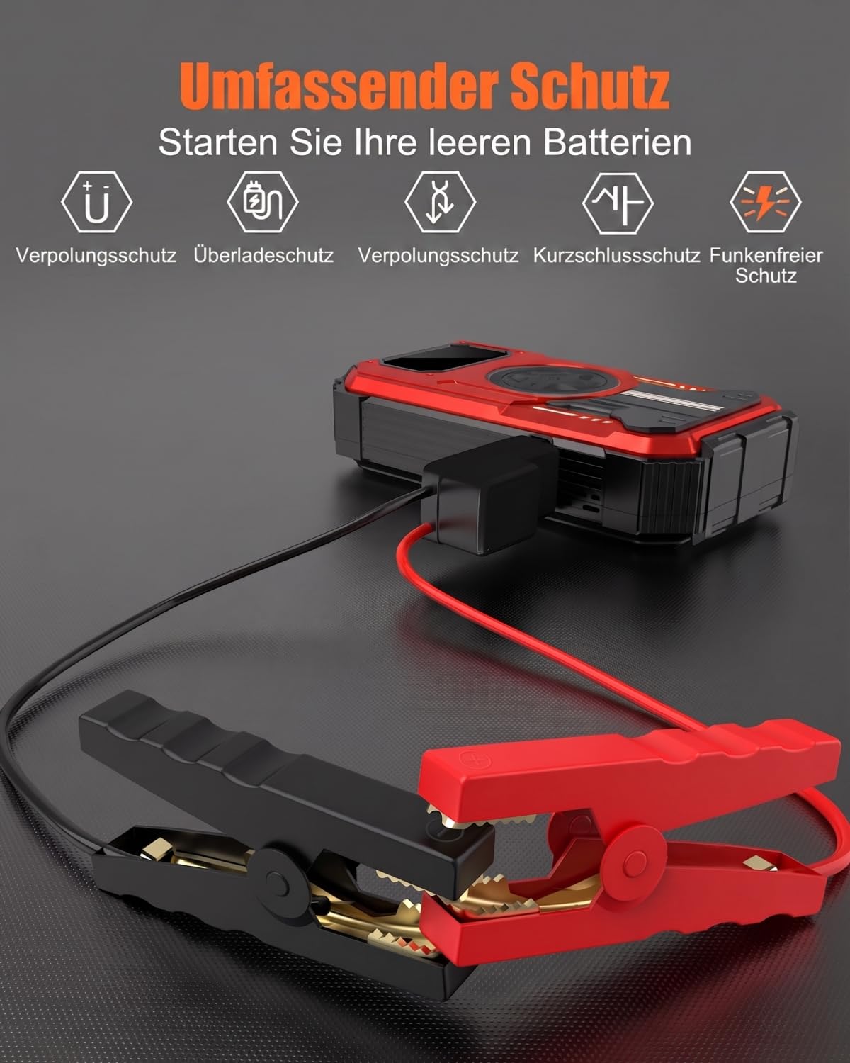 7-in-1 Starthilfe Powerbank für PKW, 7000A Booster Auto Starthilfe (Bis zu 10L Benzin, 8L Diesel), 12V Jump Starter mit 150 PSI Kompressor, LED Taschenlampe, LCD Display, Rot